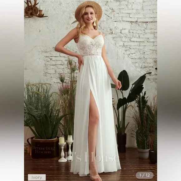 A-Line V-neck Floor-Length Wedding Dress With Beading Split Front A-Line V-neck Floor-Length Wedding Dress With Beading Split Front